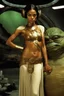 Placeholder: Rosario Dawson in princess Leia's slave costume of the Return of the Jedi, close to Jabba the Hutt.