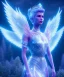 Placeholder: A crystalised queen, atmospheric, realistic, unreal engine, cinematic lighting, octane render. blue, pink, transparency, light, shine,bright, full body, transparent wings, blonde, long hair, nice smile