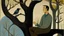 Placeholder: painting of a man sitting on a tree branch with a bird in the background, inspired by Will Barnet