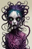 Placeholder: full color, illustration of a dark, menacing, tentacled monster girl, as a decayed, broken, crude homemade cloth doll toy, with a narrow cracked porcelain face, thick dark eyebrows, hair made from ragged strips of cloth, in the style of Brom, Alex Pardee, and Masahiro Ito, bold vibrant color