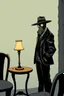 Placeholder: a small table with lamp, with a man standing beside wearing a gas mask and wide brimmed flat top hat, elevated perspective, graphic novel