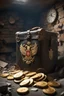 Placeholder: in a LARGE BASEMENT, half-buried in the earth, an ancient, worn-out, worn-out, torn-side valise peeks out, from which gold coins from the time of Catherine the Great fall out. The ancient coat of arms of Russia, the double-headed eagle, is BARELY VISIBLE on the bag. There are a lot of broken bricks and earth around the bag. All in high quality 8K