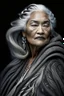 Placeholder: a photo of an Maori woman with ethnic jewelry, grey hair and grey flowing robe, in style of Annie Leibovitz, contemporary portrait of a mature yet beautiful and modernist woman, black and grey, detailed feminine face, swirling fluid smokey enigma, award-winning artwork