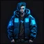 Placeholder: thick jacket, black background, blue, cyberpunk style, video game icon