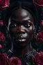 Placeholder: portrait, 1 ebony female surrounded by rose flowers, sharp focus, cinematic lighting, hyper realism, octane render, 8k, hyper detailed, photorealistic, ultra realistic, volumetric lighting, black background
