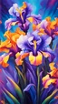 Placeholder: vibrant psychedelic oil painting image, airbrush, 64k, cartoon art image of background colorful iris flowers , dystopian