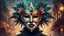 Placeholder: Generate an illustration of a festive carnival venetian antique mask over a low poly vibrant female, ultra detailed 32k , the joyful atmosphere over a misty Venice landmark, steampunk , dark oil antique painting, dark mood, nigh time