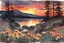 Placeholder: Amazing beautiful sunset, flowers, rocks, mountains, trees, epic, winslow homer watercolor paintings