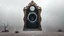 Placeholder: A monumental baroque mirror standing in empty gray desert landscape Cold gray reality outside the mirror, subtle fog. antique clock above the frame showing exactly 12:00. Inside the mirror lies the Realm of Midnight: a colossal black eclipse above an endless cosmic abyss, melting stars, brocken hourglass inside the mystic mirror, and big abyss of universum, the mirror one gate into the physical dimension. Dark surreal vibe,