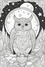 Placeholder: Stress Relief themed coloring page for adult, cartoon style, thick outline, No details, No shading, No colors, no background, black outline only, A cute starlit night featuring mystical constellations and dreamy owl companions