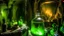 Placeholder: the process of absinthe distillation in the style of an ancient cave painting