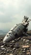 Placeholder: post-apocalyptic, half of ufo spaceship , it buried and shattered metal around it