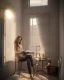 Placeholder: Beautiful, thin young woman, Arab home clothes, wavy hair, sitting on an office chair, reading a novel, next to a window, outside the window is sunset , 8k, finely detailed, photo realistic.