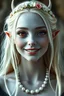 Placeholder: Generate a photo realistic image of a beautiful female eladrin vampire with blonde hair. She has one red eye, one purple eye, stark grey white skin, and is showing fangs smiling. She's wearing a simple pearl necklace and a small white and pink flower crown.