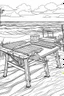 Placeholder: Outline art for coloring page, BEACH TOWELS ON A PICNIC TABLE ON A HAWAII BEACH, coloring page, white background, Sketch style, only use outline, clean line art, white background, no shadows, no shading, no color, clear
