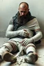 Placeholder: a very sad hurt swedish motorcycle gang man with beard, he is covered all the body with bandage and are in deep pain, bandage all over him, cripple, lying on the floor