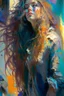 Placeholder: A bohemian artist with long, wavy, ombre hair and expressive, hazel eyes, wearing a paint-splattered smock and surrounded by her colorful, abstract artwork in a sunlit studio, in the style of Aleksi Briclot, Charlie Bowater, Dean Cornwell, and Pino Daeni