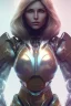 Placeholder: Hannah Hoekstra, robotic armor, cristal brown eyes, portrait busty and face, light effects, particles, explosion fire,