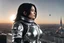 Placeholder: A slim Woman With Black shoulder length hair, Wearing a silver and black space suit, with no helmet, standing sot the right, sideways on a ledge of a building, with a moon Behind Her Head, towering spires and buildings highlighted by the setting sun