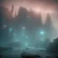 Placeholder: sci-fi city underwater with pyramids and ancient writings, mood is gloomy, colors include blue and red and green, shafts of lighting, mist, , photorealistic, , volumetric light, cinematic