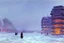 Placeholder: cyberpunk buildings near the frozen lake, winter, tendency to science fiction, realistic vision, konstantin korovin and claude monet painting