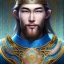 Placeholder: magnifique bel homme asiatique souriant ,yeux bleus,avec vetement et couronne celtique,cheveux clairs