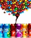 Placeholder: An image of several colored soda cans side by side at the bottom of the image, with M&M chocolates pouring out of them, and the space is filled with color, chocolate chips, and fruit pieces in a soda-like atmosphere with happy, beautiful colors.