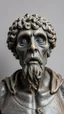 Placeholder: Ceramic style statue all colours are dark gray of an old church man from the 1000 BC in it a whole body and the head of dead man with thick curly hair and his eyes are open wide and open mouth with rage