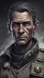 Placeholder: Prompt: magazine, statistics, lines pointing to clothing and gear, detailed character from a dark space opera, lots of details, a 40-year-old man with deep eyes that reflect many battles and losses. His face, although framed by wrinkles and scars, always expresses determination and willpower. He wears a worn-out military uniform, covered with dust and stitches, his face, although a little rough, betrays an aristocratic nature, and in his eyes there is a hint of pity.