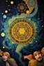 Placeholder: Merkaba spinning back back into itself; Celestial Art with surreal elements; Gustav Klimt inspired painting.