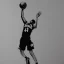 Placeholder: Black and white drawing of a basketball player, slam dunk