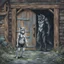 Placeholder: fantasy digital art of young female anthro wolf in gray hairy wolf body and wears just a short canvas rag around her waist , sadly crying face stands in the rain front the door, behind her an tall anthro dark hairy wolf man standing behind in rustic halb open door in an massive wooden house, deep colors, rainy day, detailed, anthropomorphic creatures, fantasy, sci-fi mood