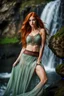 Placeholder: Close UP, delicate, cute, soft, skinny belly red haired Young lady, Green eyes , cave waterfall, medieval