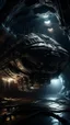 Placeholder: A strange spaceship in side Si-Fi, The cave of Batman atmospheric lighting effects, intricate industrial details, moody atmosphere, eerie grimdark ambiance, complex motherboard accents, speculative fiction art. Bokeh