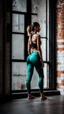 Placeholder: photography of skinny girl, satin yoga pants, leohex, concrete studio, big side windows, fashion photography, bright daylight, raw,