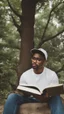 Placeholder: A man wears a white Dad Hat and wears glasses and is busy reading with a tree behind him, high resolution, and the image focuses on the Dad Hat