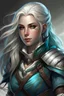 Placeholder: Gale is an air genasi from DND. She has white hair and blue-tinted skin. her eyes are green and brown like the dirt from the earth. Her hair is long and wavy but is often tied up in a high pony. She has armor that shows symbols of protection and justice. She has a sharp face, but kind eyes