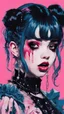 Placeholder: Poster in two gradually, a one side malevolent goth vampire girl face and other side the Singer Melanie Martinez face, full body, painting by Yoji Shinkawa, darkblue and pink tones,