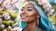 Placeholder: Close-up portrait of a gorgeous smiling skinny polynesian goddess with a golden dark skin, long smooth clear turquoise blue white hair, blue eyes, in a sci-fi outfit with luminous strikes blowing a kiss in a hill of flowers with sakura trees, a small torrent, loads of mini flowers, moss, sun rays through the branches, particles in the air at spring