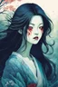 Placeholder: create an imaginative print illustration of an ethereal, otherworldly gaunt and withered ancient female Vetala Yokai vampire , in the style of Hasui Kawase , Shiro Kasamatsu combined with the graphic novel style of Bill Sienkiewicz, with highly detailed feminine facial features