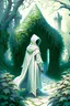 Placeholder: Castle hedge maze with hooded figure in white robes rpg art painterly