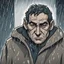 Placeholder: a closeup of a serial killer in a heavy coat during a rainstorm cartoon