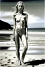 Placeholder: naked beautiful woman on beach, full body shot, helmut newton, anorexic, silver bikini, photorealistic, blond hair to chin