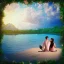 Placeholder: 2 lovers last kiss in sand island with tent and river background