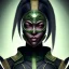 Placeholder: jade, mortal kombat, face, smile, dark skin color, dark ninja mask, black hair, brown eyes closed, woman