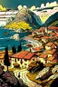 Placeholder: Draw the landscape of Montenegro in comic style.