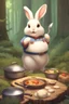 Placeholder: Cute chubby bunny floppy ears adventurer dnd cooking in a forest art realism