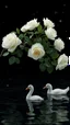 Placeholder: The image is a digital artwork that depicts a branch of tree of white roses and leaves tangling in to a water in the river with white babe duck aThe rose floats on the surface of the water, creating a wave-like effect. The background is black, which makes a branch of a tree of white roses stand out even more. Water droplets are scattered adding to the dreamy, ethereal quality of the image. The a
