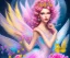 Placeholder: beautiful bright fairy portrait who smiles with long hair, thin face, two hands, 5 fingers, two transparent wings on her back in a pink,blue, yellow flowers background,