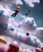 Placeholder: Ultra realistic speed clouds sky scene, wide angle view, strong men falling down with many Childs, circus clothing style, feather color clothing, free jumping flying, many trinkets, hair monster, many jelly beans, balls, color smoke, smile, happy, extreme, wind, clouds sea, 20,000 feet altitude, stratosphere, soft color, highly detailed, unreal engine 5, ray tracing, RTX, lumen lighting, ultra detail, volumetric lighting, 3d, finely drawn, high definition, high resolution.